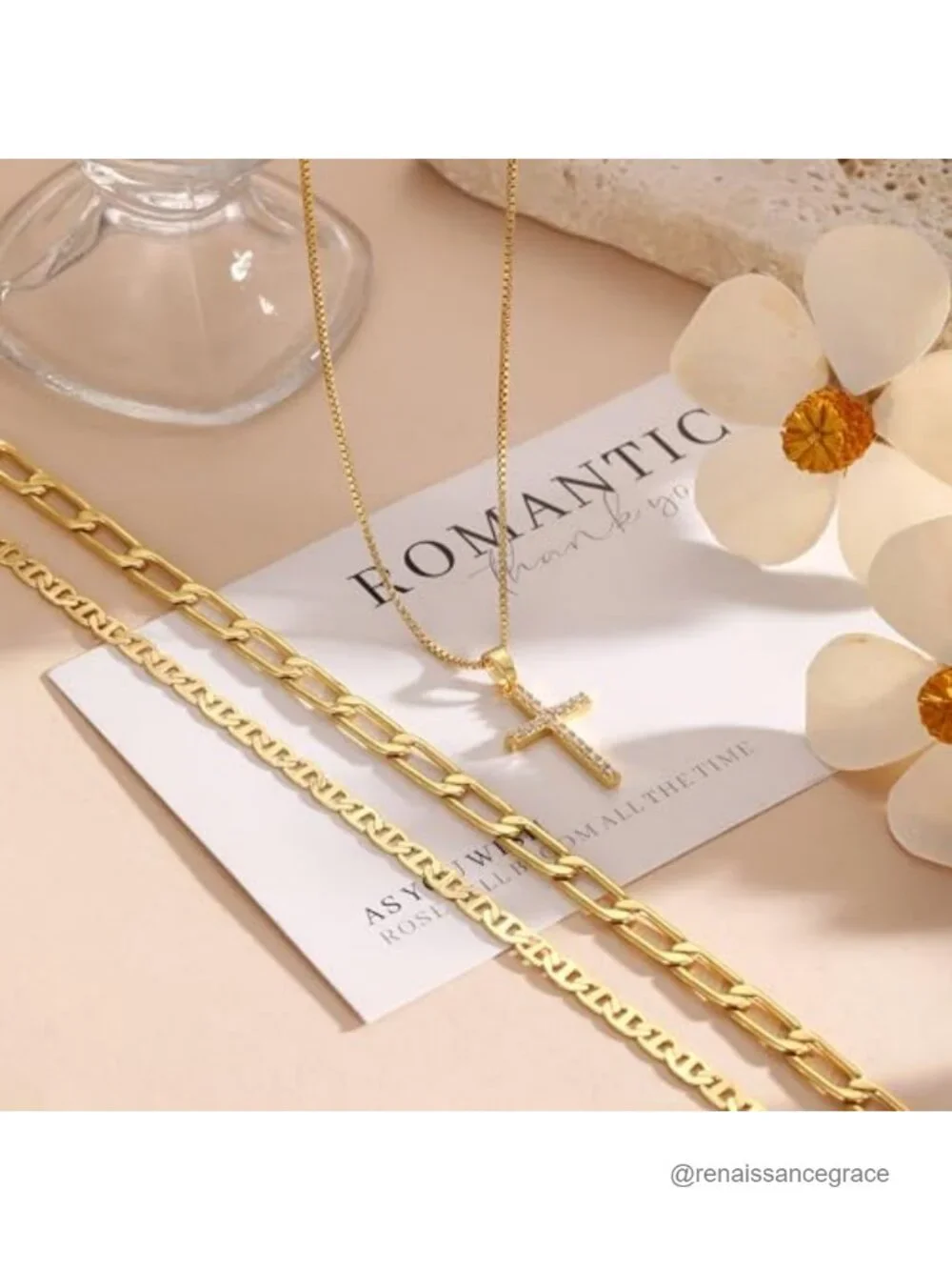 14K Gold Plated Cross Necklace for Women, Dainty CZ Pendant, Layering Chain